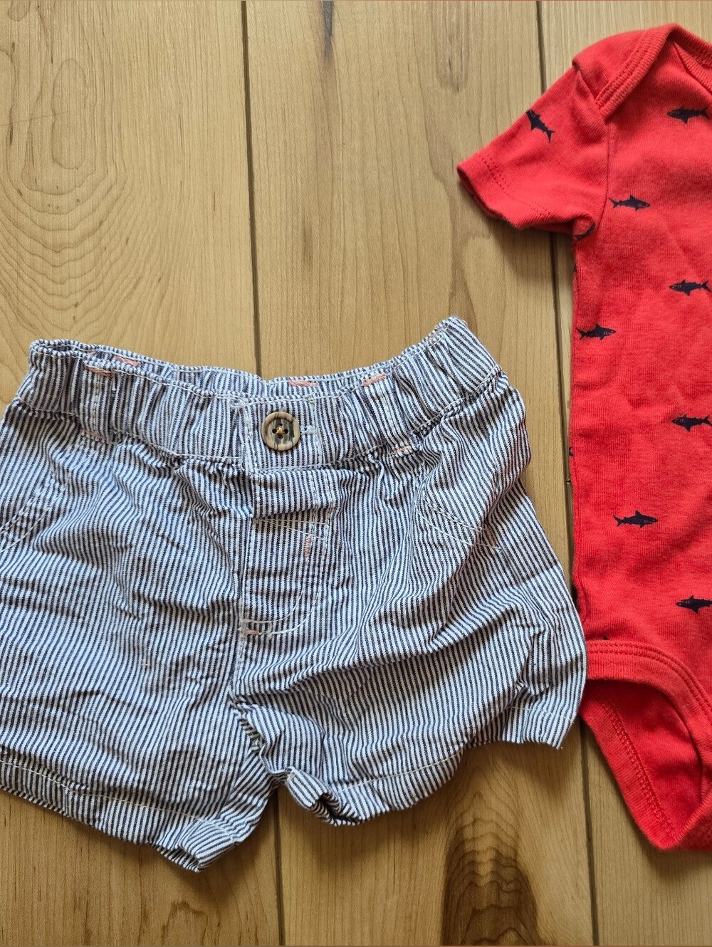 child of mine Red Shark-Print Bodysuit with Blue-Striped Shorts